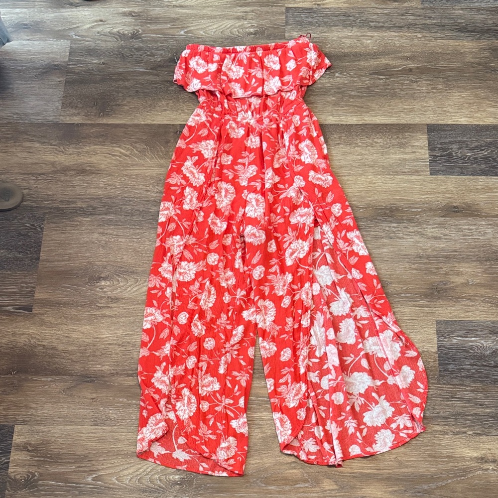 Floral Off-Shoulder Red Maxi Rompers